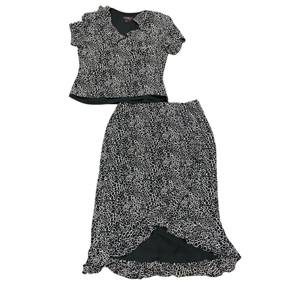 Cynthia Howie Black Tan Printed Two-Piece Skirt Set Size 8 Vintage 100% Silk